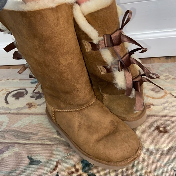 UGG Other - UGG Three Bow Tall Camel Fur Lined Boots Girls 4